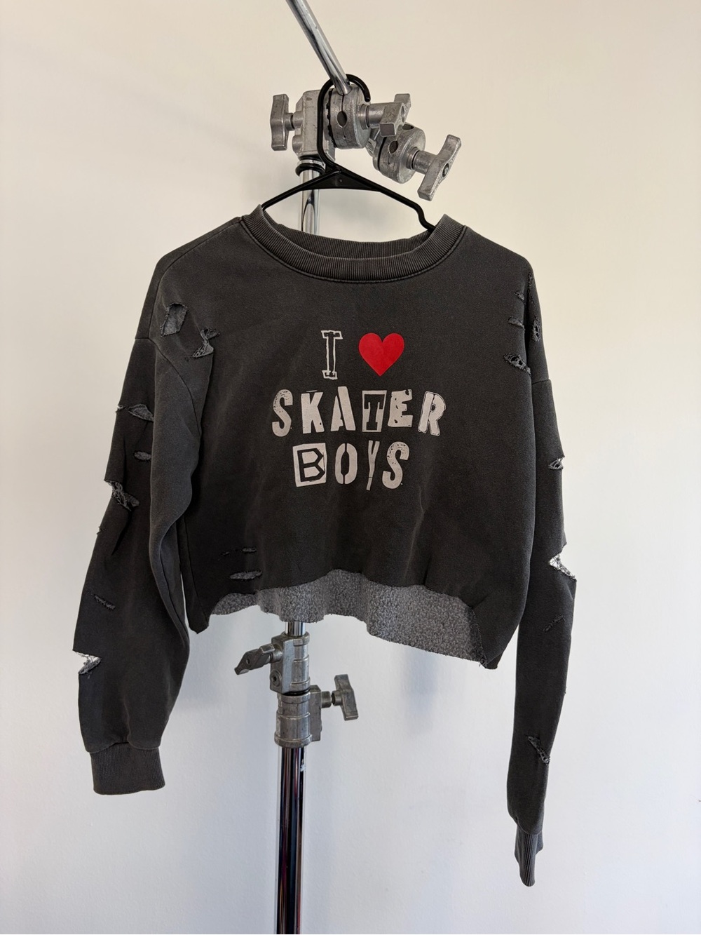 Distressed Black Cropped 'I ♥ Skater Boys' Sweatshirt